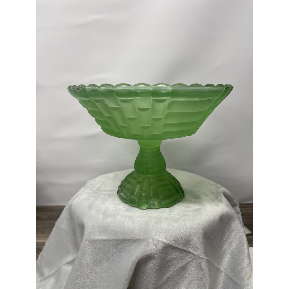 Vtg Frosted Green Glass Basketweave Compote Pedestal Candy‎ Dish Scalloped 8.5"